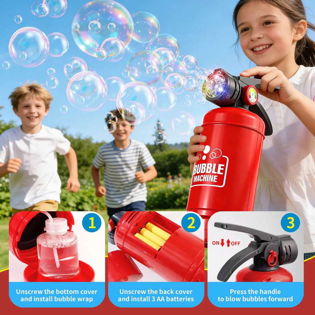 Fire Extinguisher Bubble Machine Toy with Colorful LED Lights, 6 Holes Automatic Bubble Blower Maker with Bubble Solution, Outdoor Summer Party Toy for Kids Boys Girls