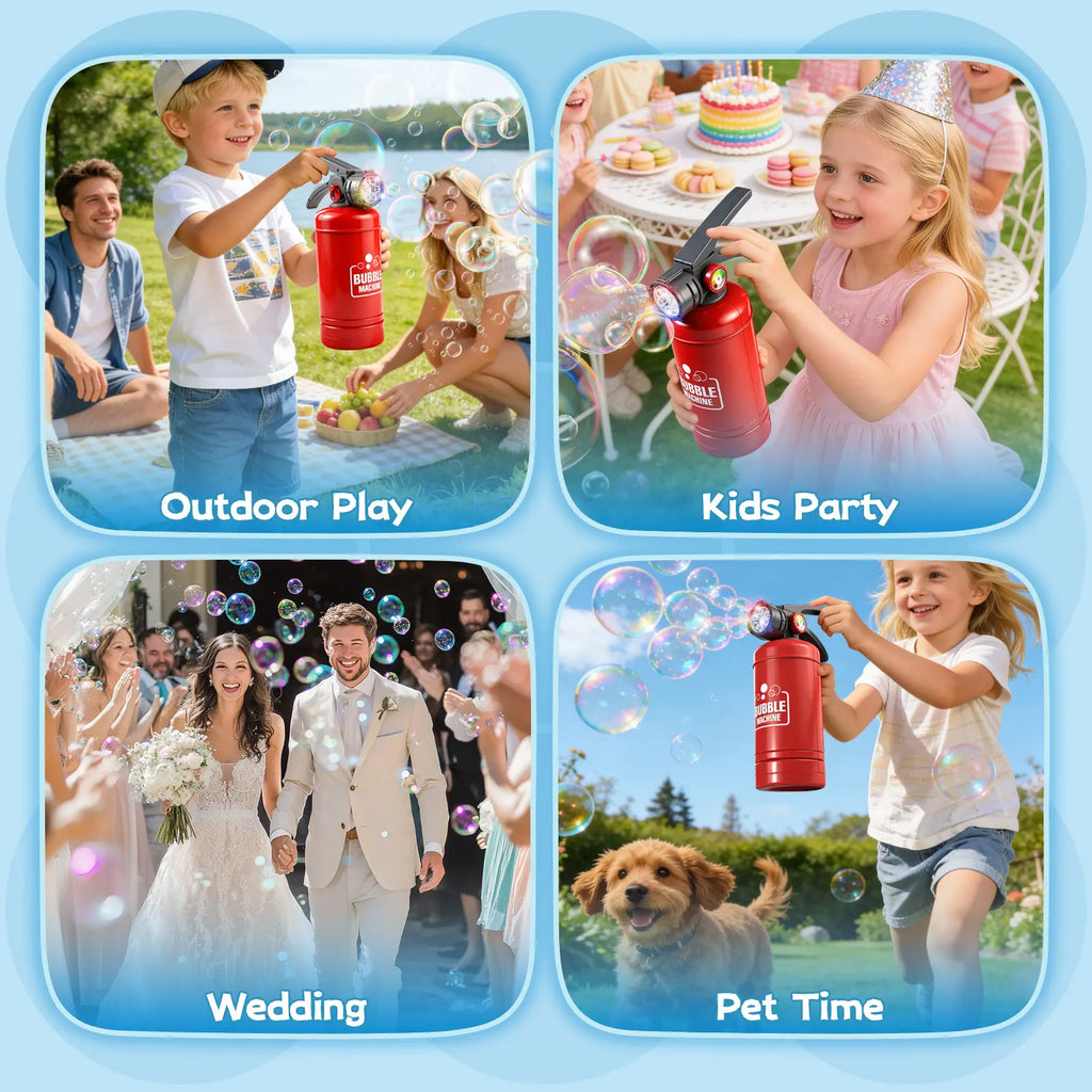 Fire Extinguisher Bubble Machine Toy with Colorful LED Lights, 6 Holes Automatic Bubble Blower Maker with Bubble Solution, Outdoor Summer Party Toy for Kids Boys Girls